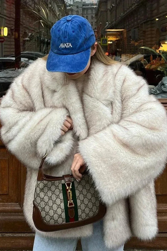 Minimalist Solid Color Plush Tip-Dyed Faux Fox Fur Oversized Coat