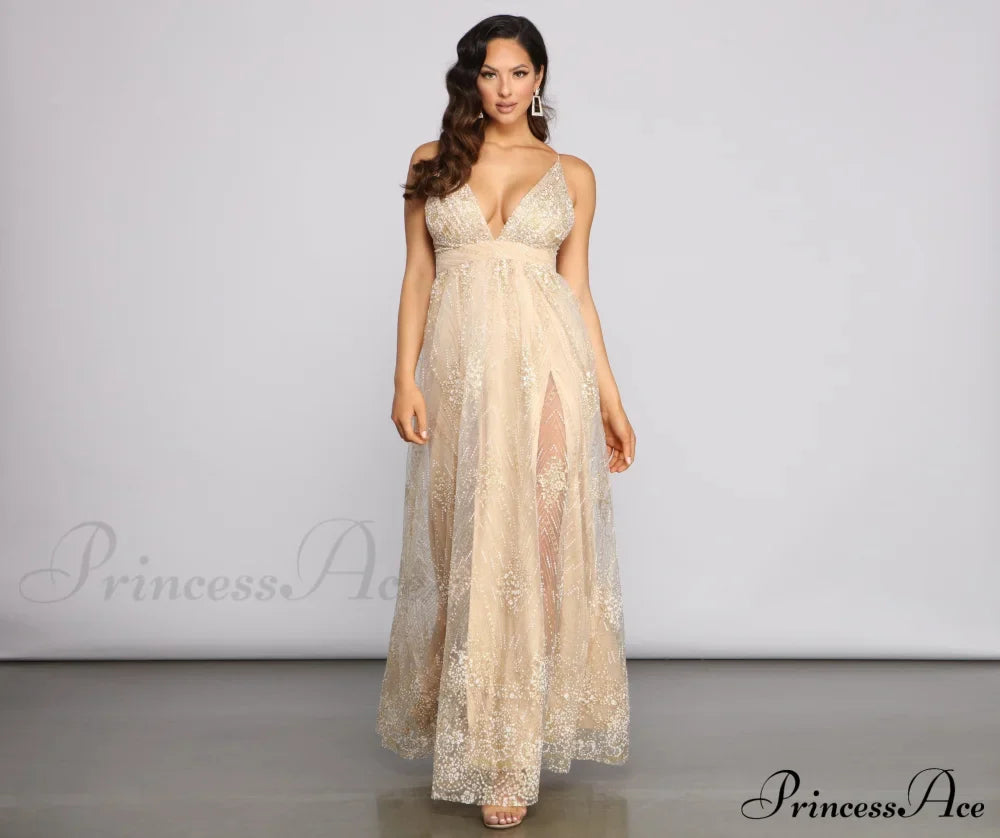 Mona Formal Stylish Plunging Glitter Dress