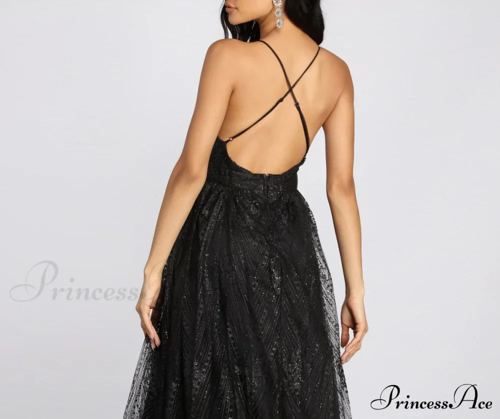 Mona Formal Stylish Plunging Glitter Dress