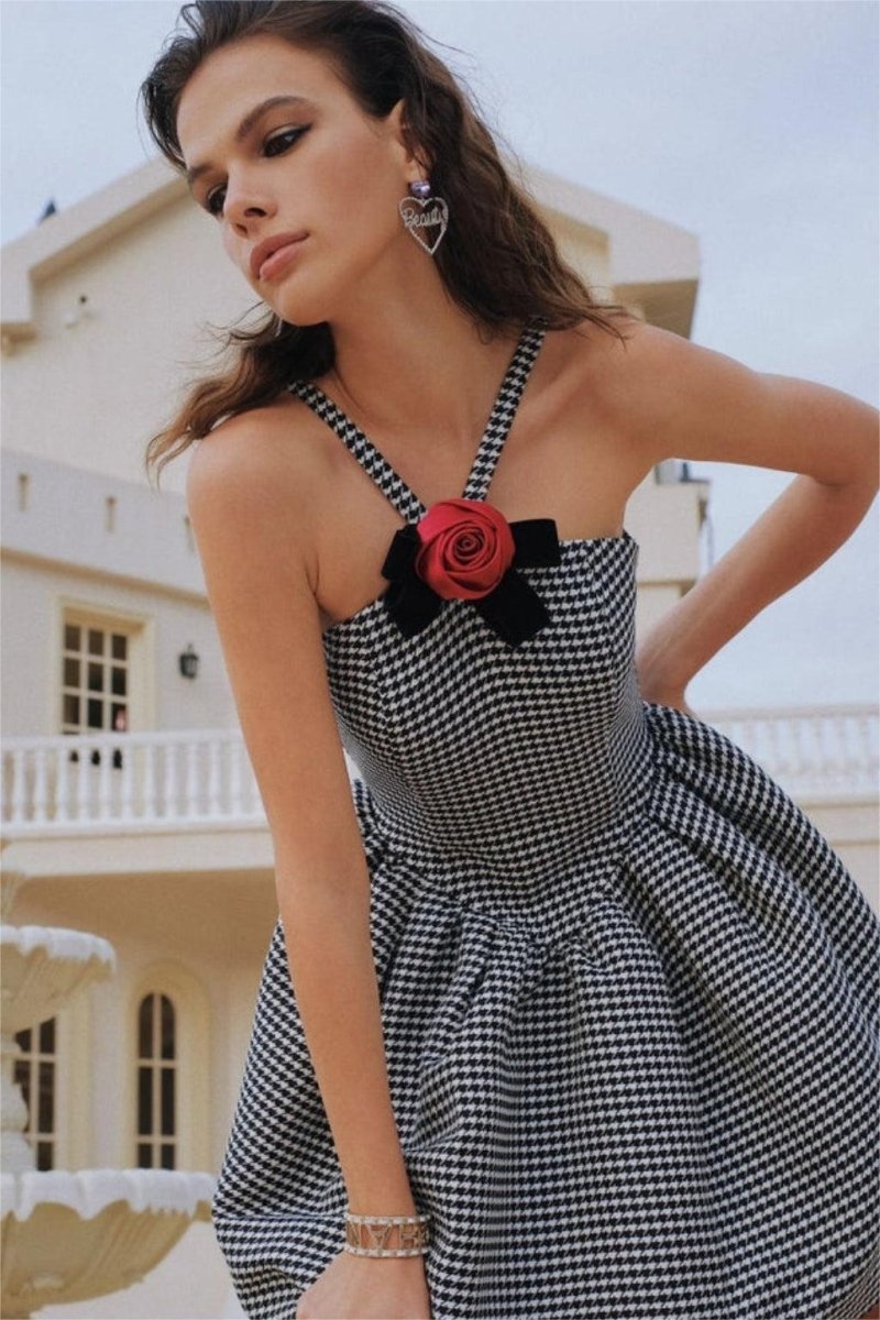 Harriet® | A-Line Mini Dress With Houndstooth Rose Bow Trim