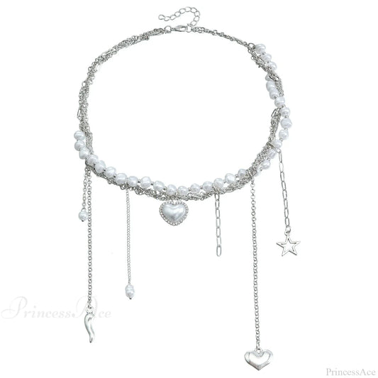 Multi-layer Heart Tassel Pearl Star Pendant Necklace