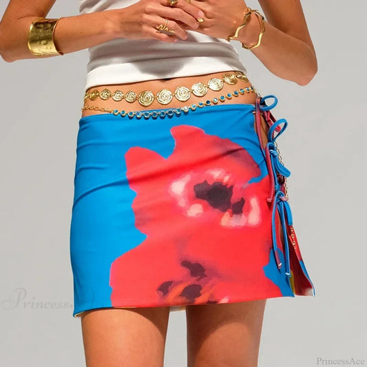 Multi-wear style Floral Print Mini Skirt Crop Tops Women Slim Low Waist Side Split Tie-Up Bodycon Skirt Y2K Vintage Streetwear