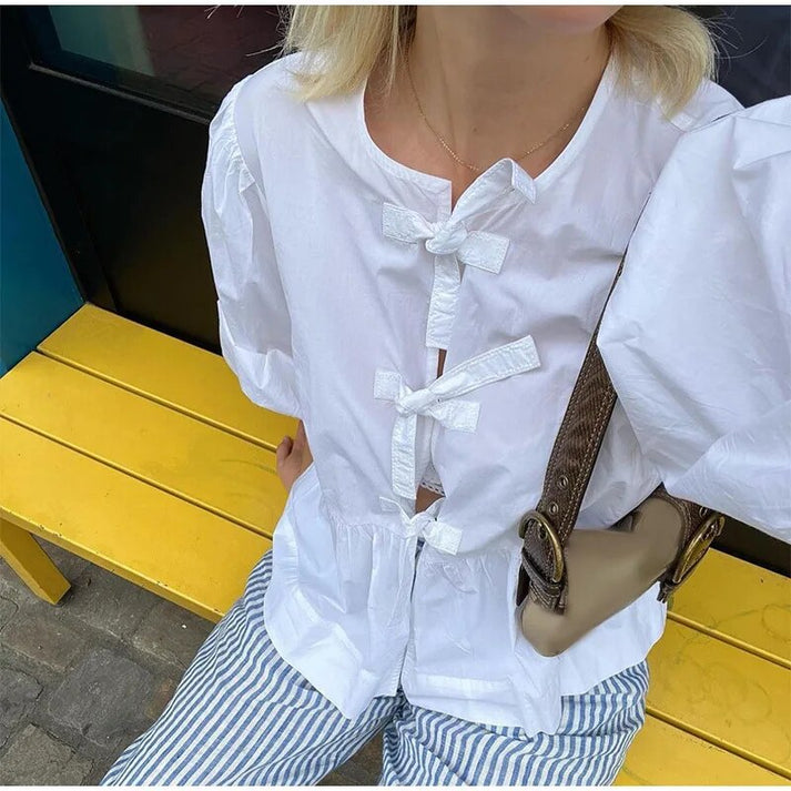 Fabiana® | Blouse With Tie Closure And Puff Sleeves