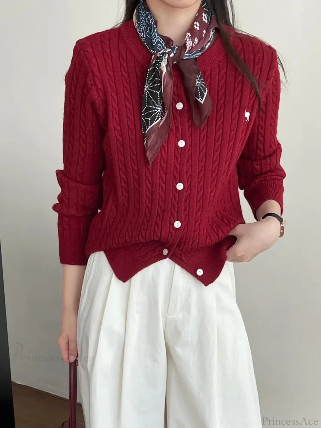 Navy Blue Cable Knit Cartoon Embroidered Trendy Cardigan Sweater