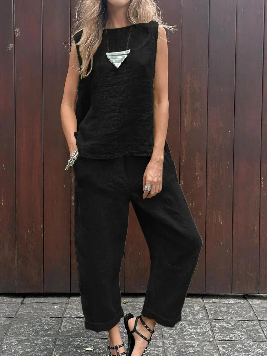 Samantha® | Casual Sleeveless Cotton And Linen Top And Pants Set
