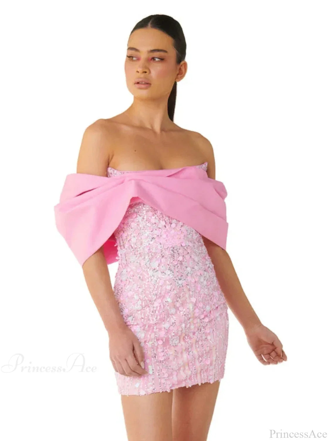 New Sexy Off Shoulder Sequins Pink Slash Neck Sparkly Elegant Party Dress