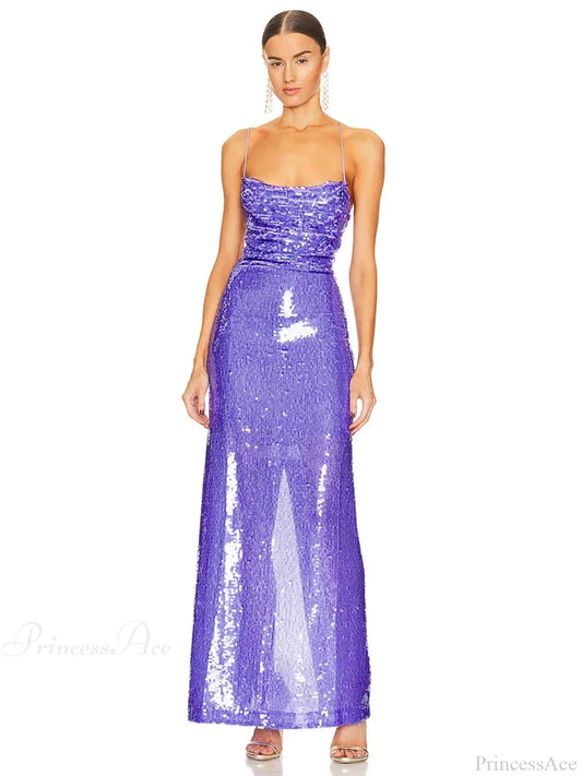 New Sexy Sleeveless Backless Lace-up Slim Long Dress Bright Sequins Party Dress