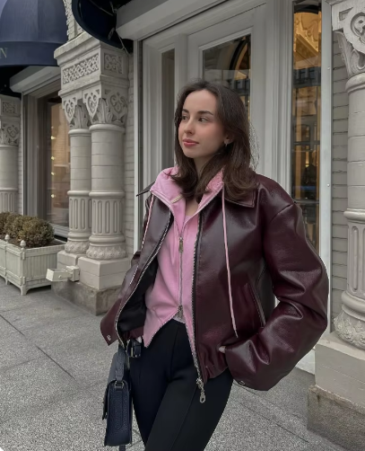 Adriana | Vintage solid leather jacket with lapel collar