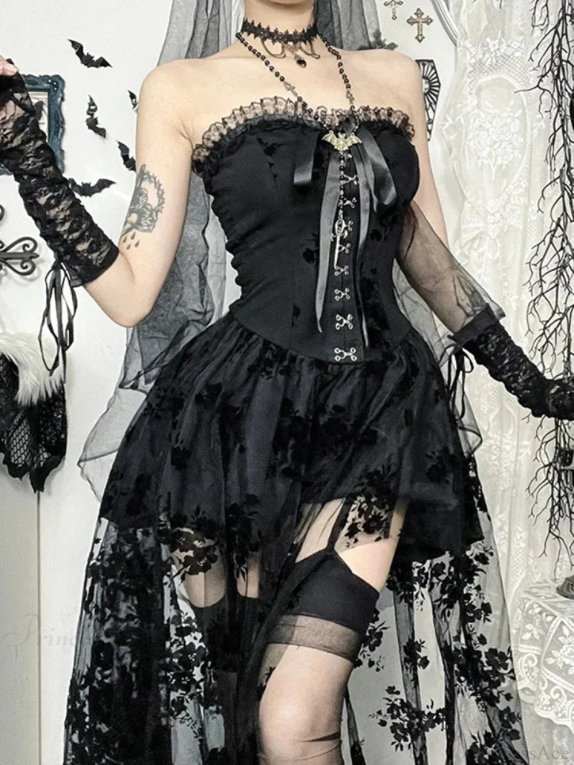 Obscure Blooms Net Bodice Midi Dress