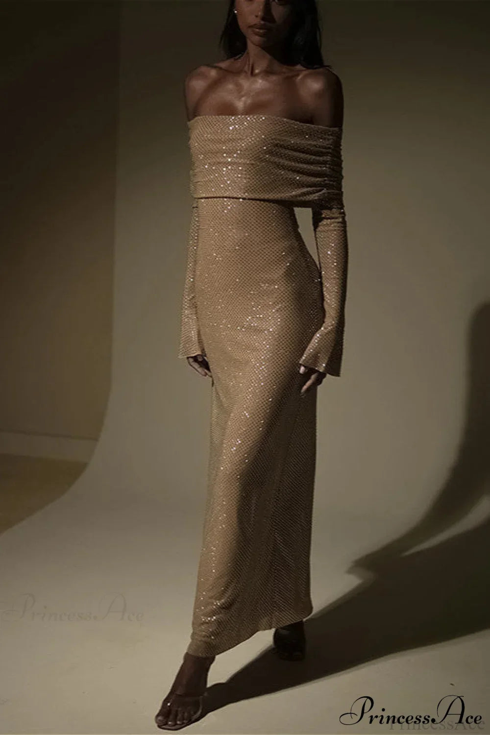 Off Neck Sequined Slim Fitted Long Party Dress