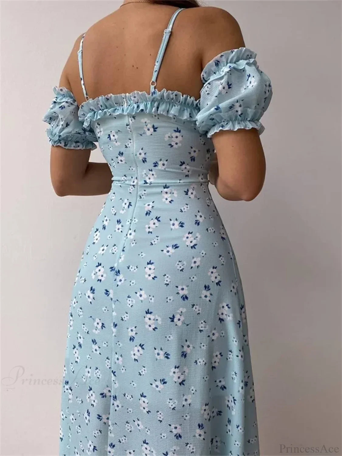 Off-Shoulder Frilly Suspender Short Sleeve Split Mid-Length A-Line Floral Dress