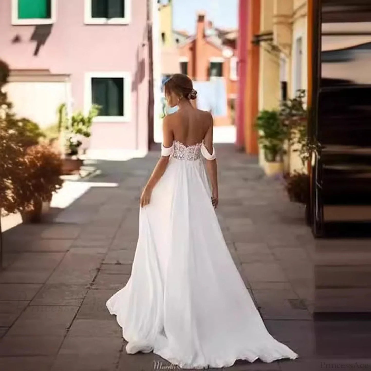 Off-Shoulder High Slit Long Train Wedding Dress