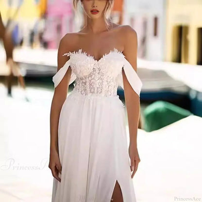 Off-Shoulder High Slit Long Train Wedding Dress