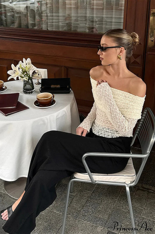 Off Shoulder Jacquard Knit Slim Long Sleeve Tee