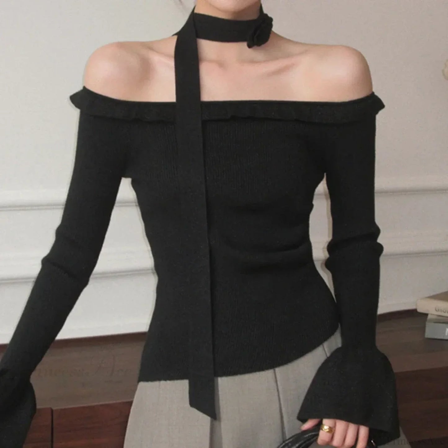 Off Shoulder Knit Crop Long Flare Sleeve Ruffle Trim Knit Top