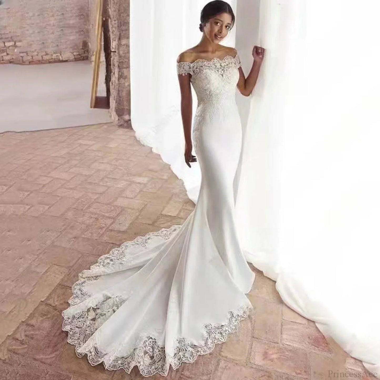 Off-Shoulder Satin Lace Mermaid Wedding Dress