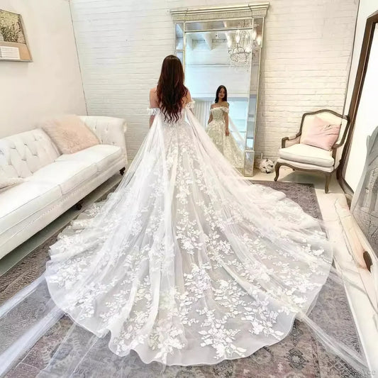 Off-Shoulder Satin Long Train Wedding Dress