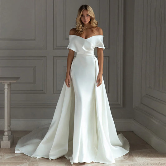 Off-Shoulder Satin Tail Wedding Dress