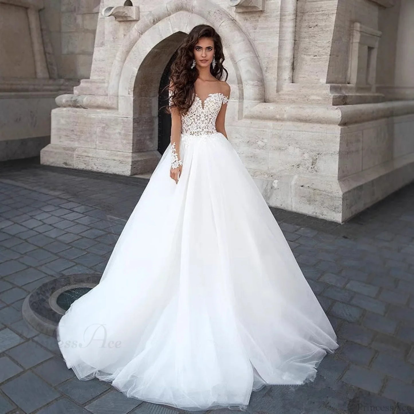 Off-Shoulder V-Neck Sheer Wedding Dress