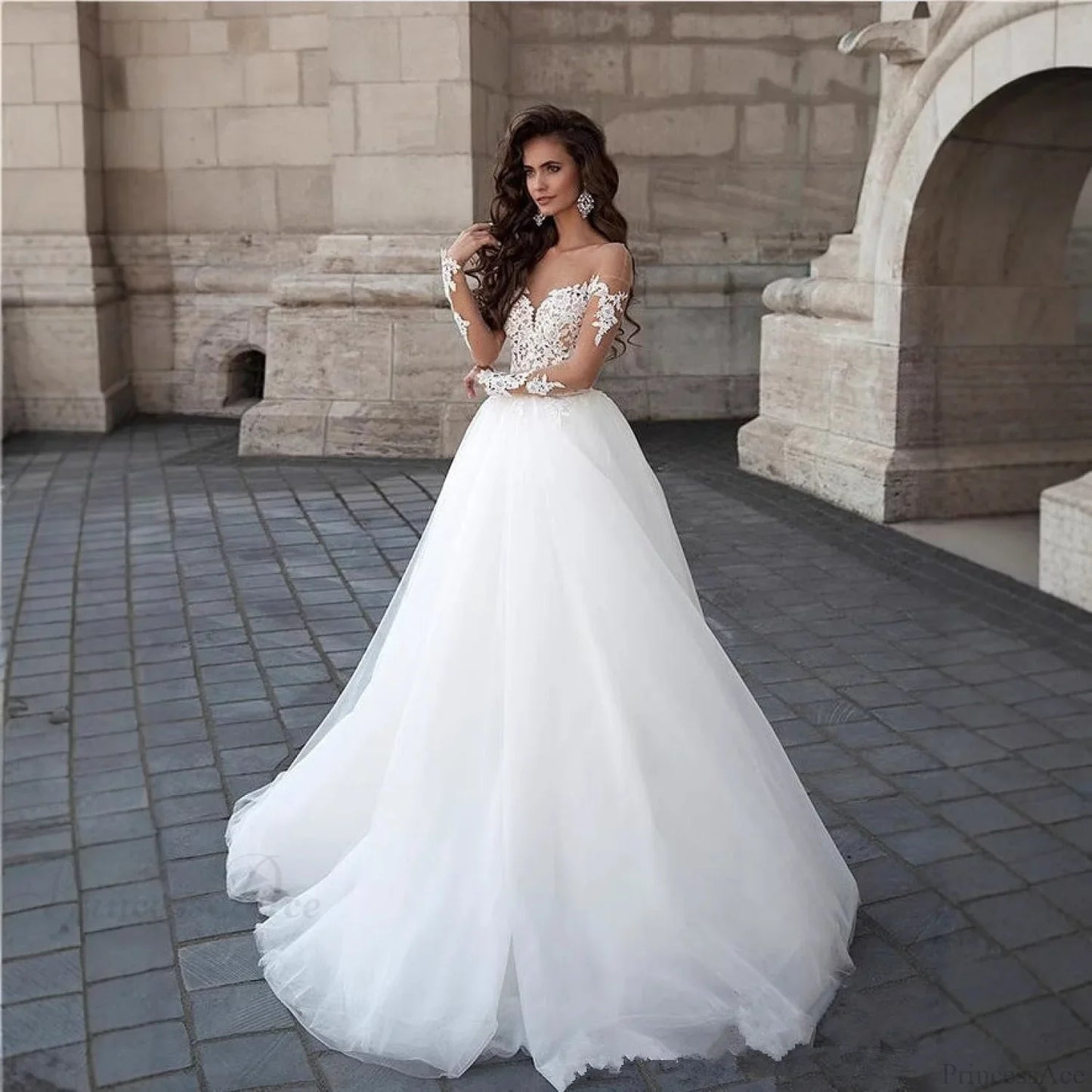 Off-Shoulder V-Neck Sheer Wedding Dress