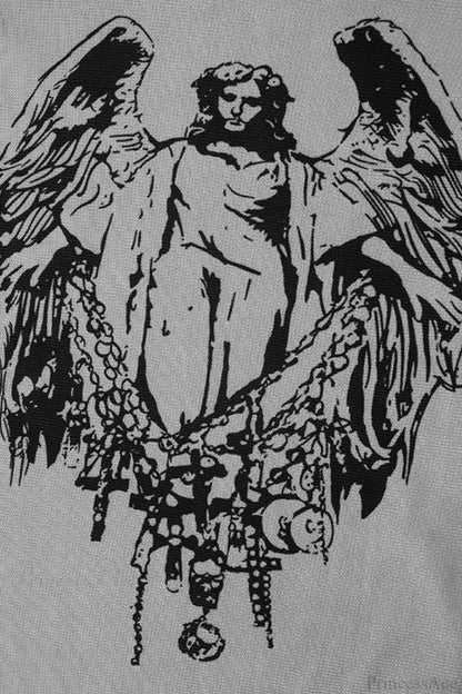 Off-the-shoulder Sheer Mesh Knit Printed Long Sleeve Tee