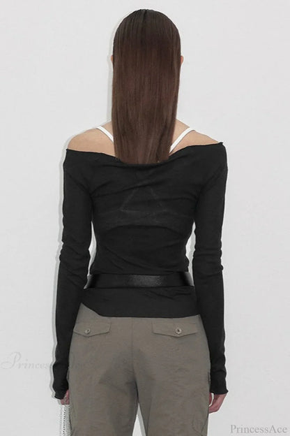 Off-the-shoulder Sheer Mesh Knit Printed Long Sleeve Tee