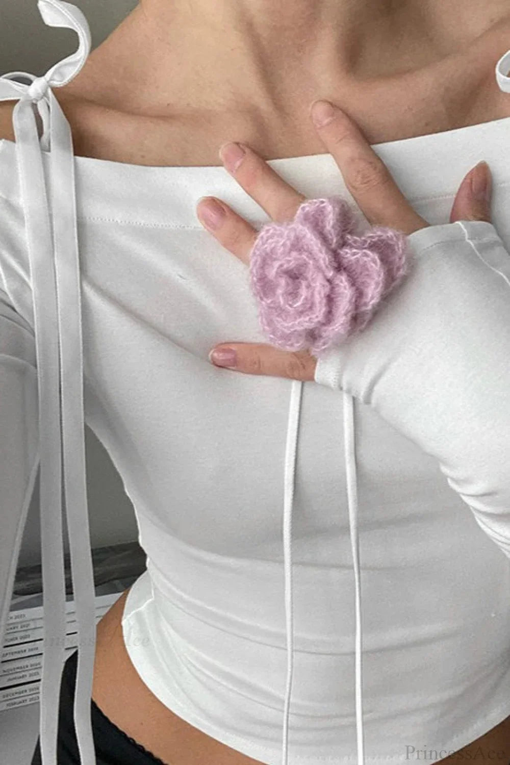 Off-the-Shoulder Tie Detail Fitted Long Sleeve Tee