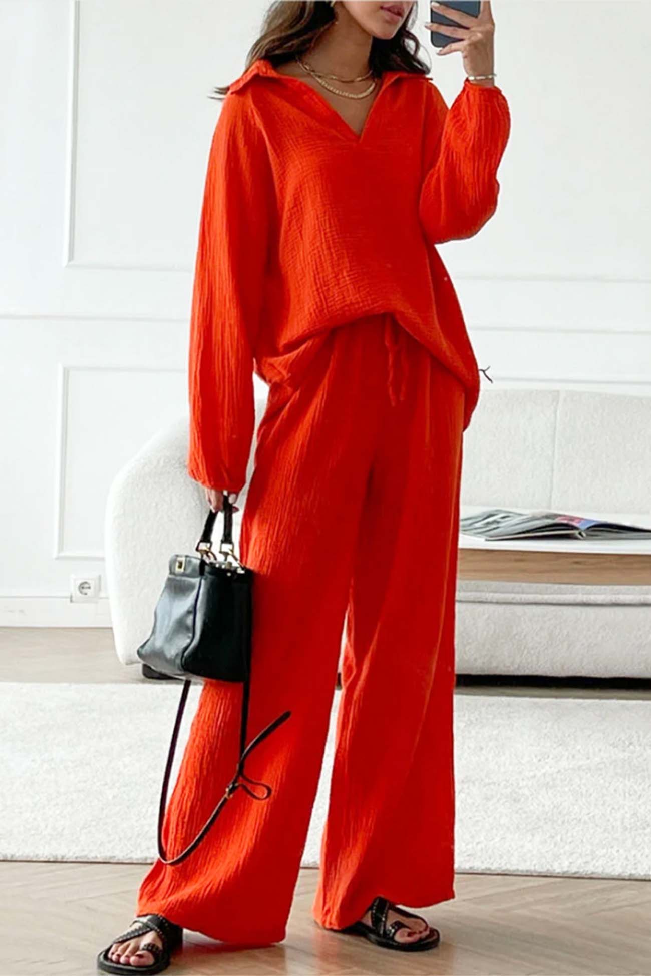 Nina | Two piece set with wide leg pants and lapel drawstring