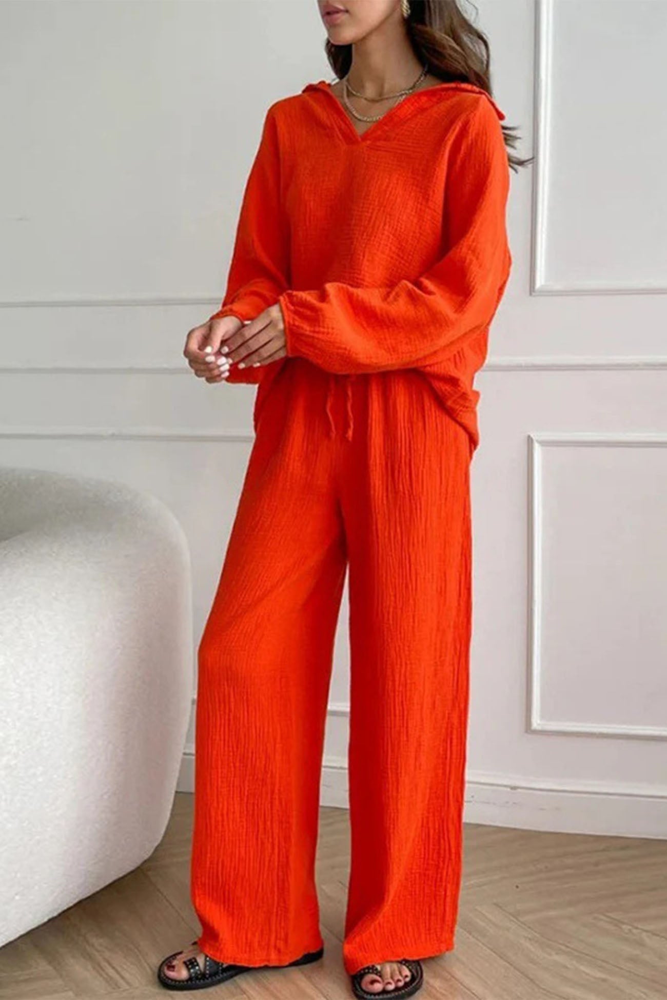 Nina | Two piece set with wide leg pants and lapel drawstring