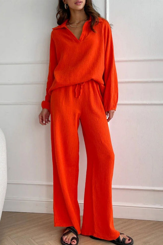 Nina | Two piece set with wide leg pants and lapel drawstring