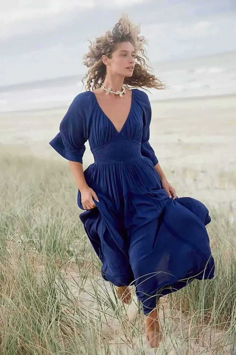 Oversized Backless Deep V Cotton Boho Dress