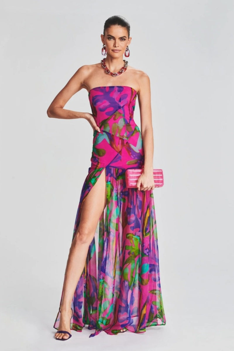 Isis® | Strapless Maxi Dress With Slit And Print