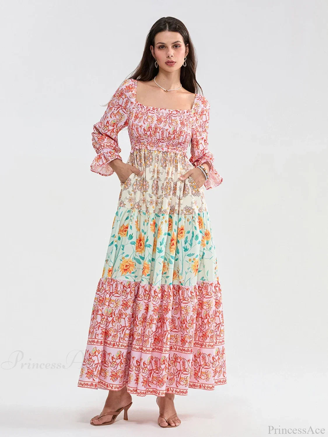 Patchwork Floral Bohemian Off-Shoulder Puff Sleeve Ruffled Vacation Beach Dress