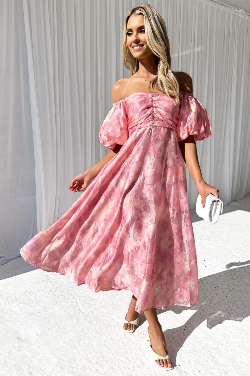 Emilia® | Off-The-Shoulder Midi Dress With Puff Sleeves