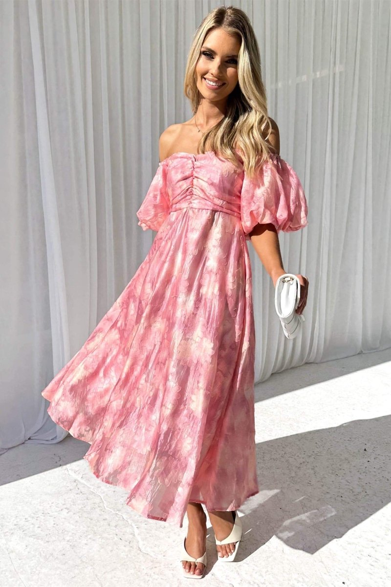 Emilia® | Off-The-Shoulder Midi Dress With Puff Sleeves