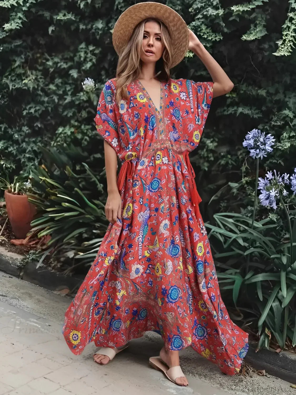Peacock Floral Print V-neck Tassel Rayon Vacation Boho Dress