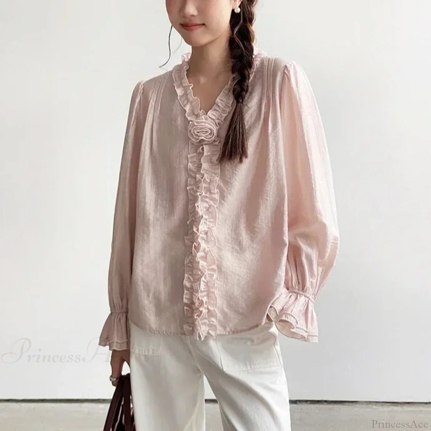 Pink Cotton Rayon Casual Long Sleeve V-Neck Boho Blouse