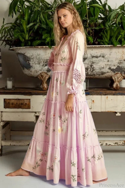 Pink Embroidery Floral Boho Long Sleeve Dress