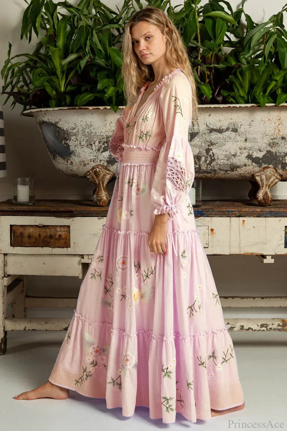 Pink Embroidery Floral Boho Long Sleeve Dress