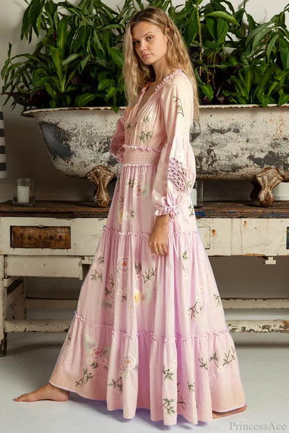 Pink Embroidery Floral Boho Long Sleeve Dress