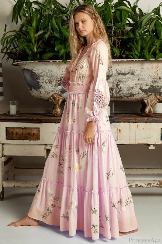 Pink Embroidery Floral Boho Long Sleeve Dress