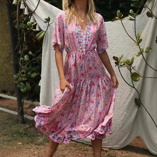 Pink Floral Print V-neck Tassel Rayon Vacation Maxi Boho Dress