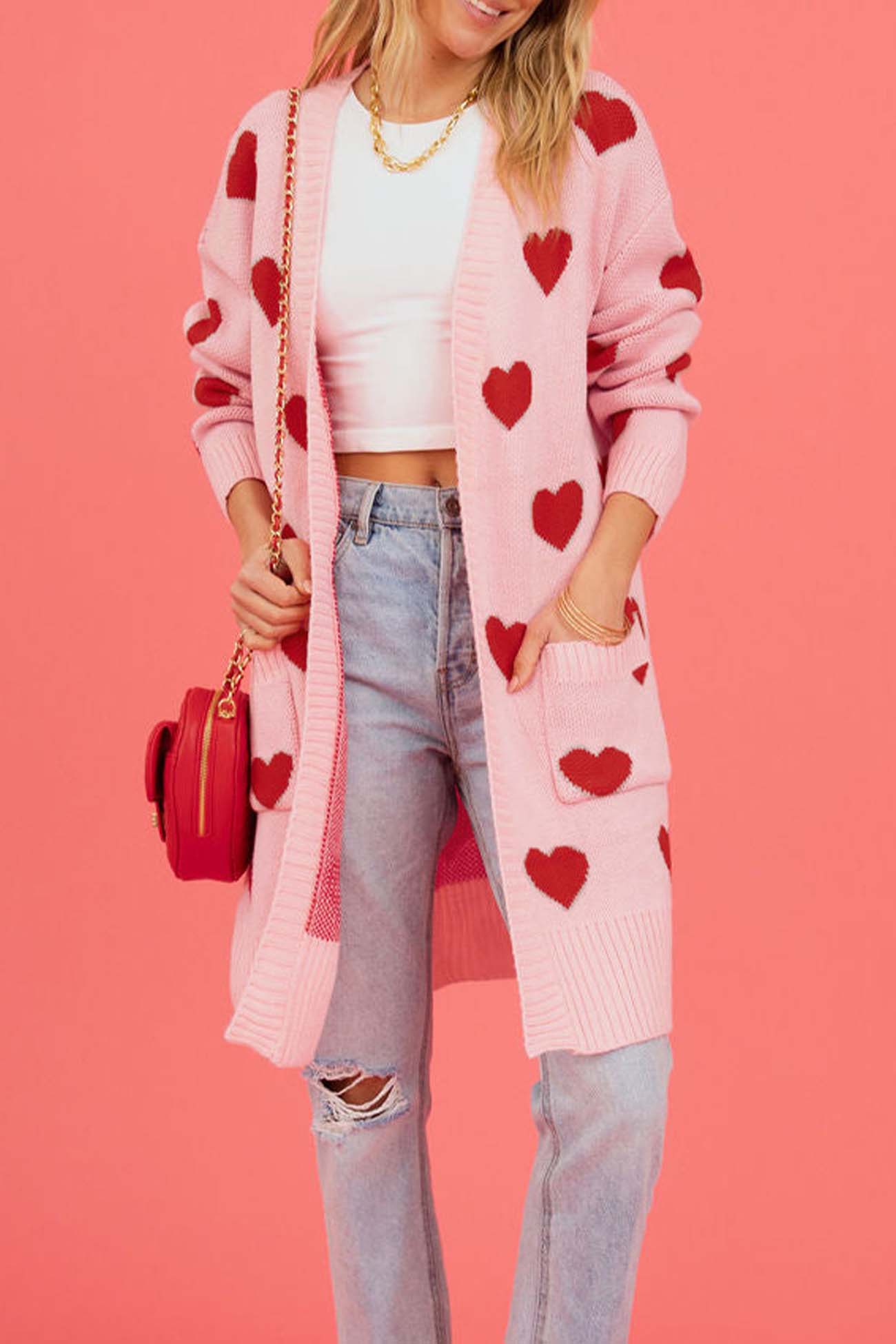 Kristina | Long cardigan with a sweetheart neckline and open front pocket