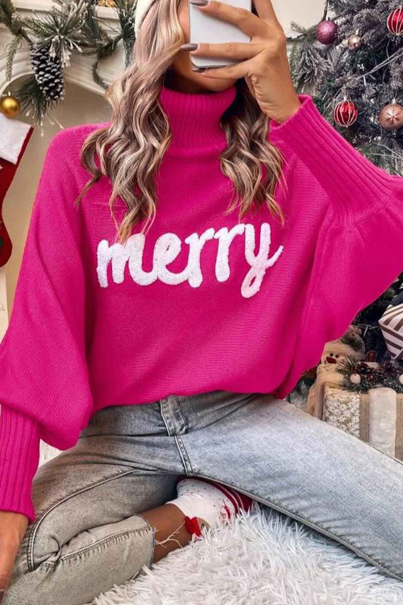 Theresa | Cheerful turtleneck knit sweater with printed sleeves