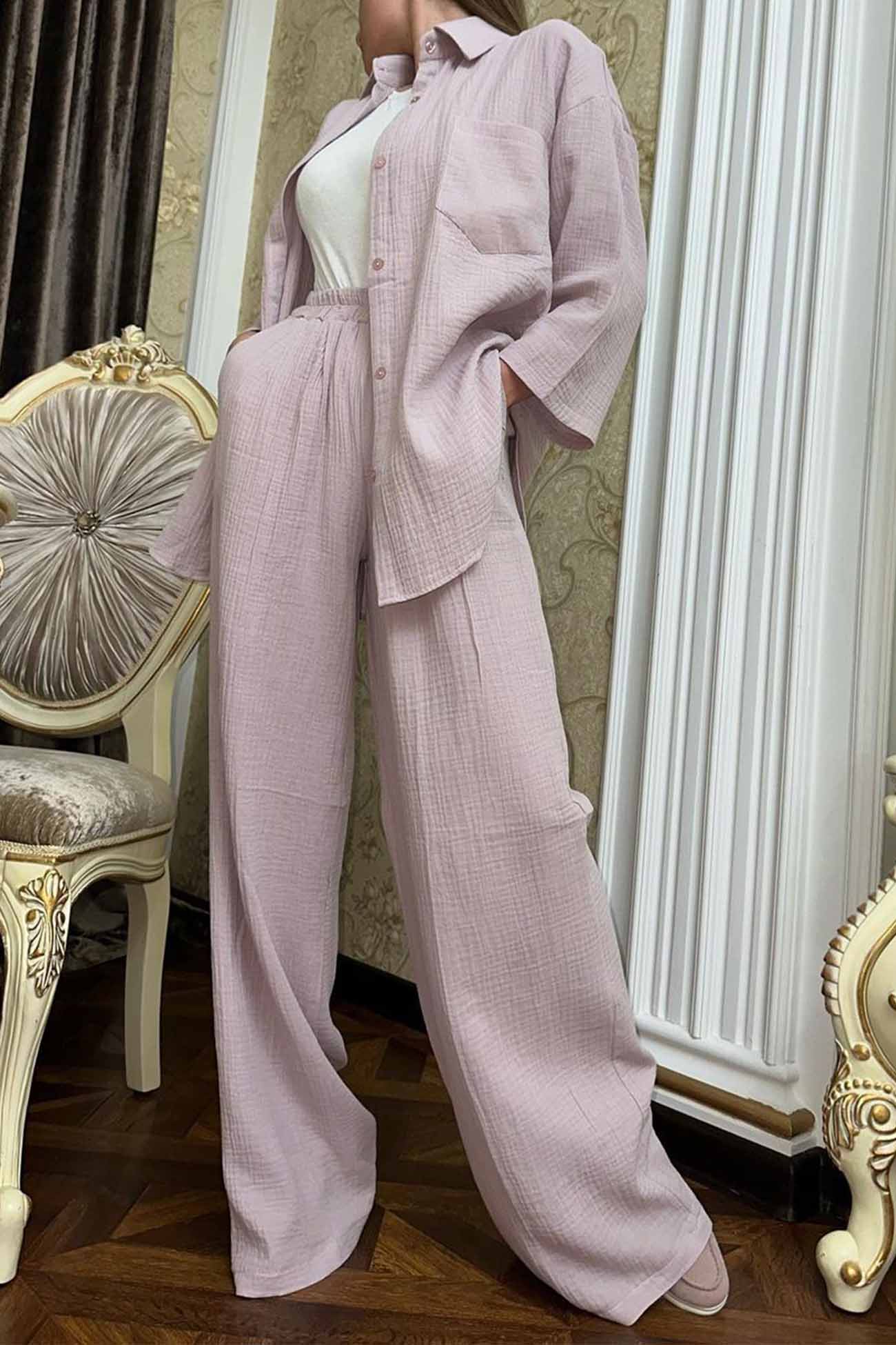 Hannelore | Two piece set with wide leg pants and button belt