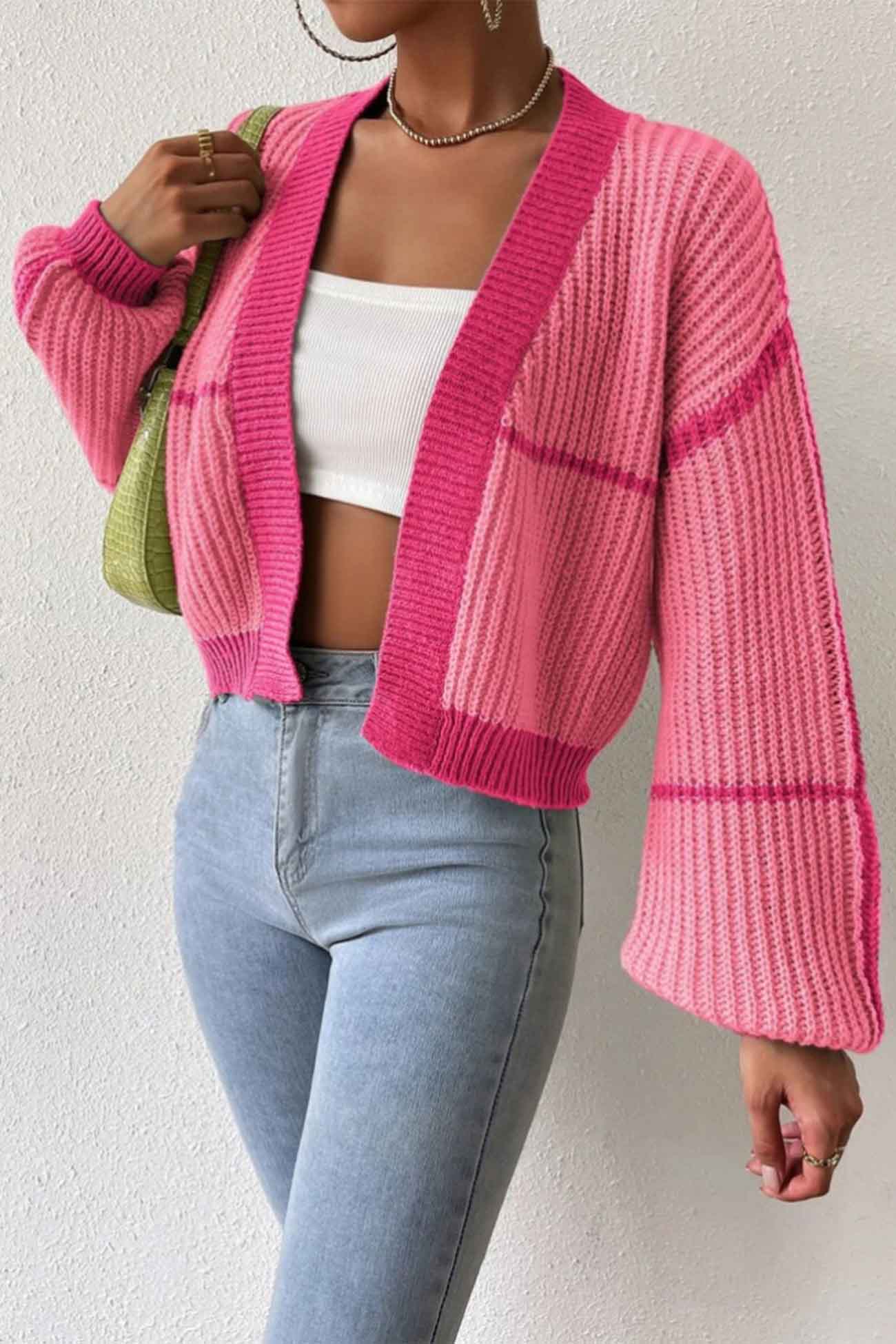 Felisa | Long sleeve open front patchwork knit cardigan