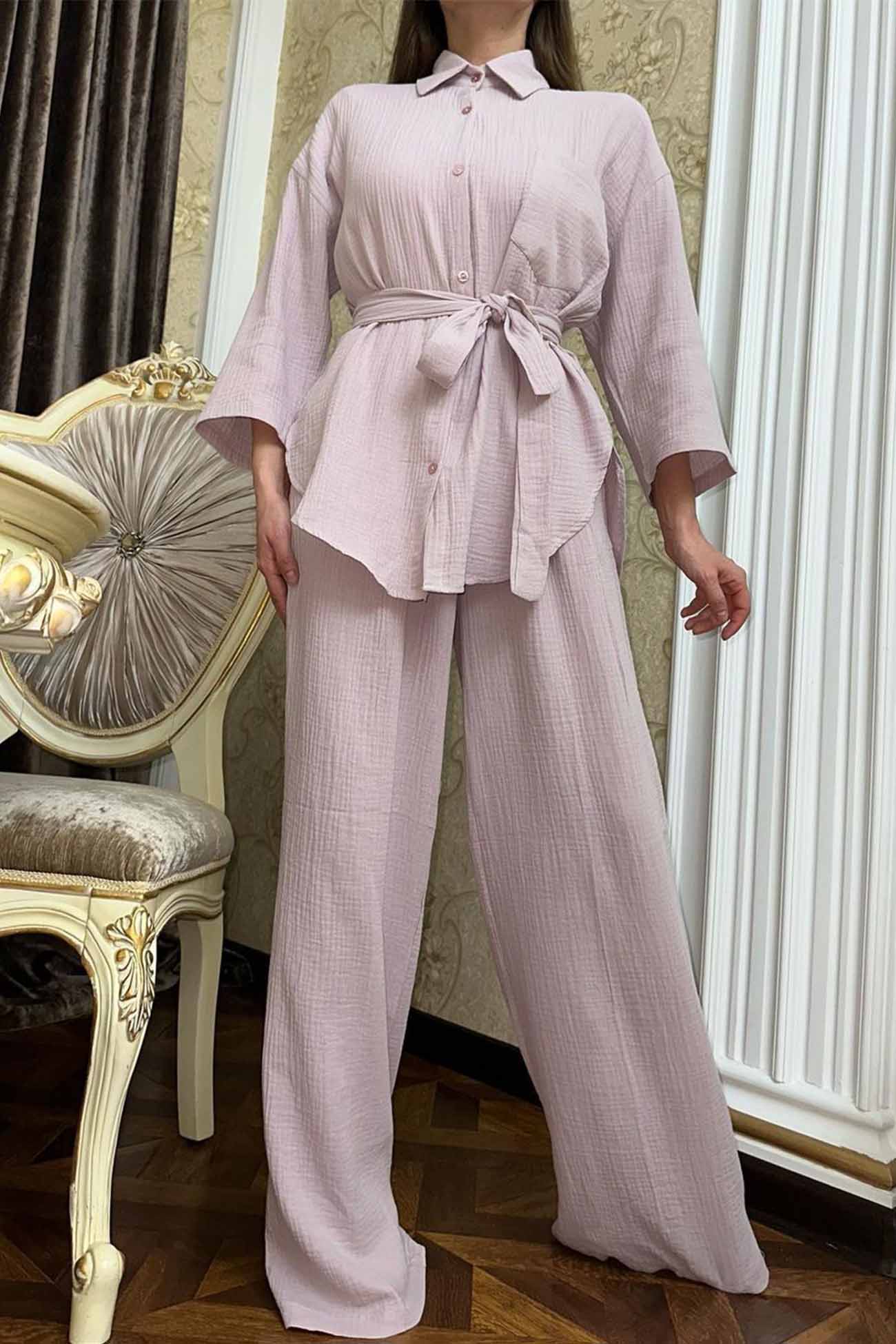 Hannelore | Two piece set with wide leg pants and button belt