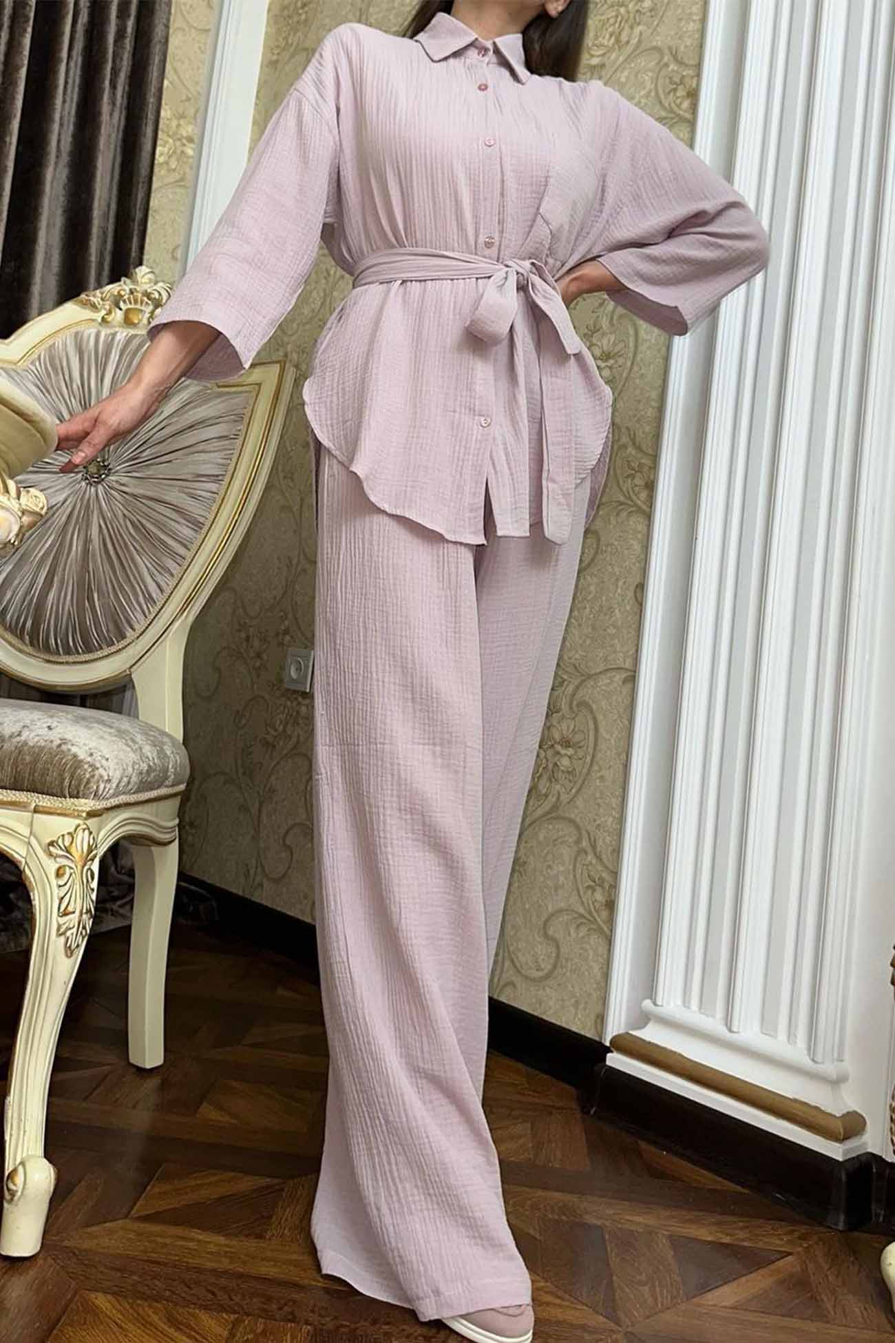 Hannelore | Two piece set with wide leg pants and button belt