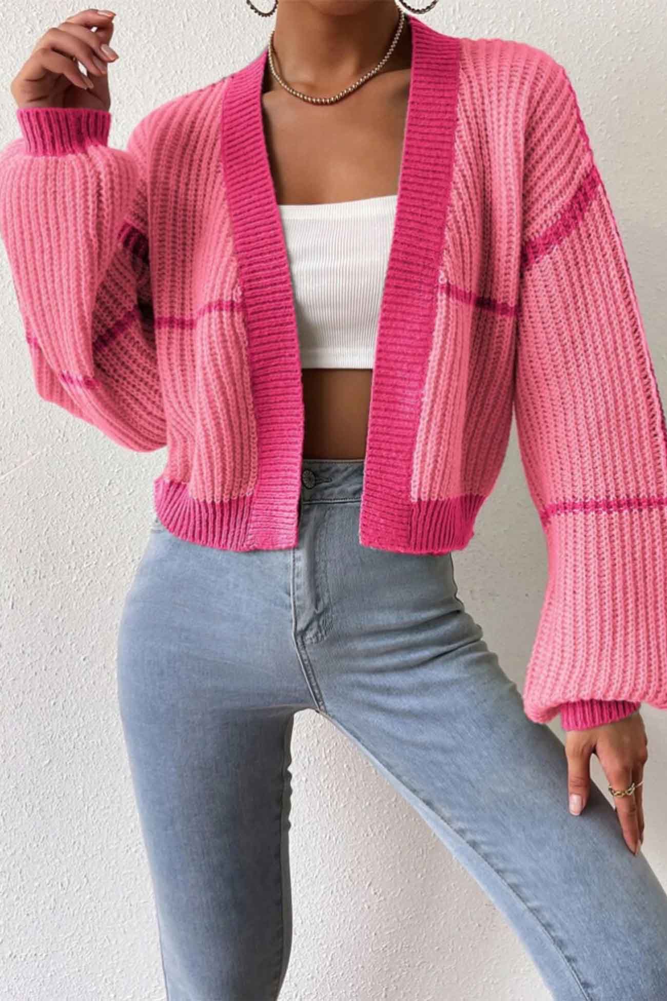 Felisa | Long sleeve open front patchwork knit cardigan