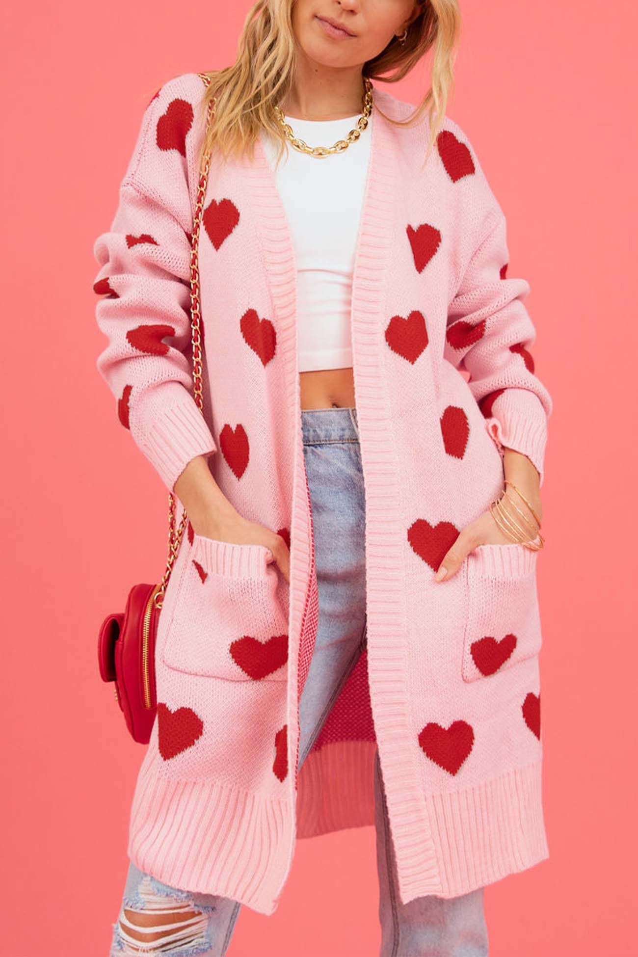 Kristina | Long cardigan with a sweetheart neckline and open front pocket